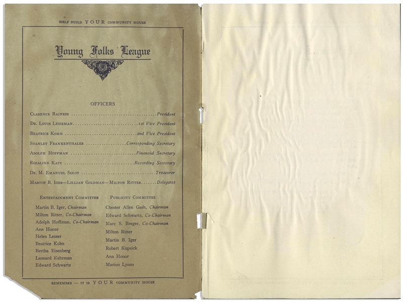1927 Program for The Jewish Community House, Thanking Moe Horowitz as Director of the Performance -- 12pp. Program Measures 6'' x 9.25'' -- Some Dampstaining & Light Wear, Good Plus Condition
